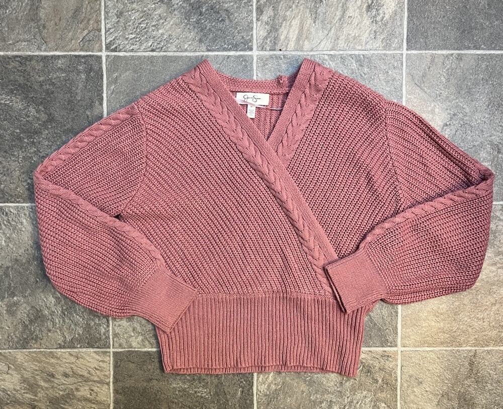 Jessica Simpson Womens M Pink Cable Knit Wrap Sweater Cropped V Neck Chunky Knit